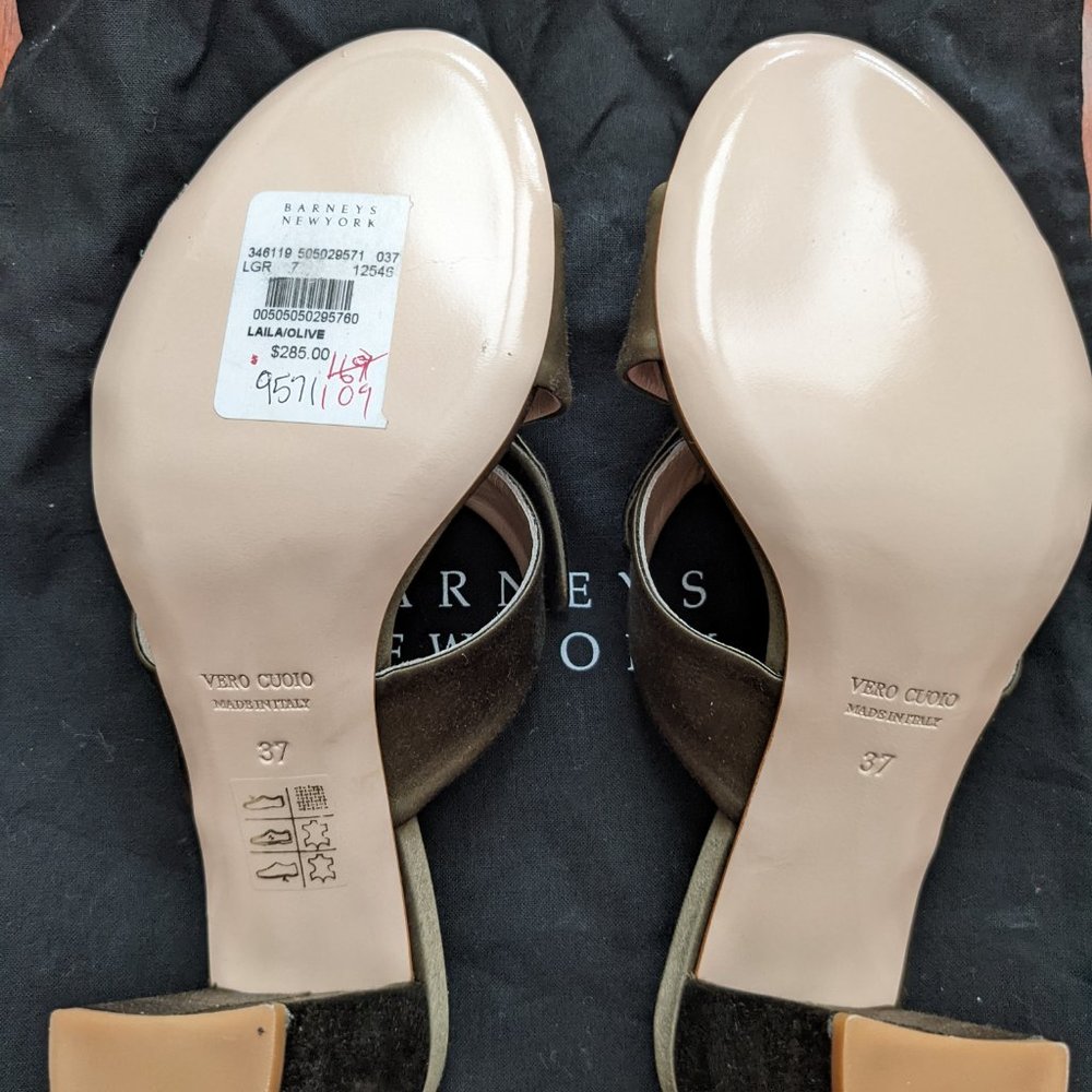 NWT Barneys Olive Satin Heels "Laila" - Picture 7 of 11